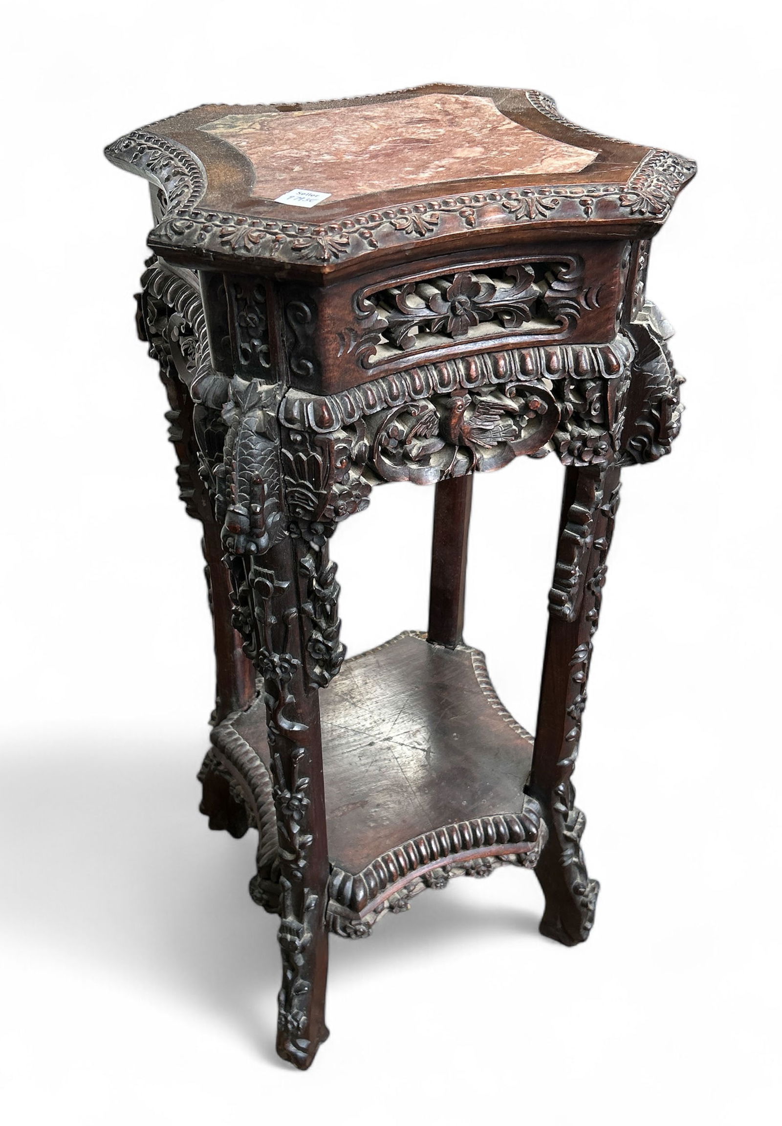 Antique Carved Chinese Rosewood Marble Top Stand. (1 of 9)