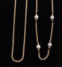 14K Gold Rope Chain Necklace & Bracelet w/ Pearls.