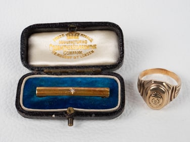 10K Gold Signet Ring & 14K & Diamond Brooch.