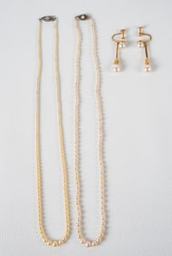 14K Pearl Earrings & 2 Pearl Necklaces, 14K Clasps