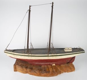 Large Antique Wood Pond Boat on Stand.