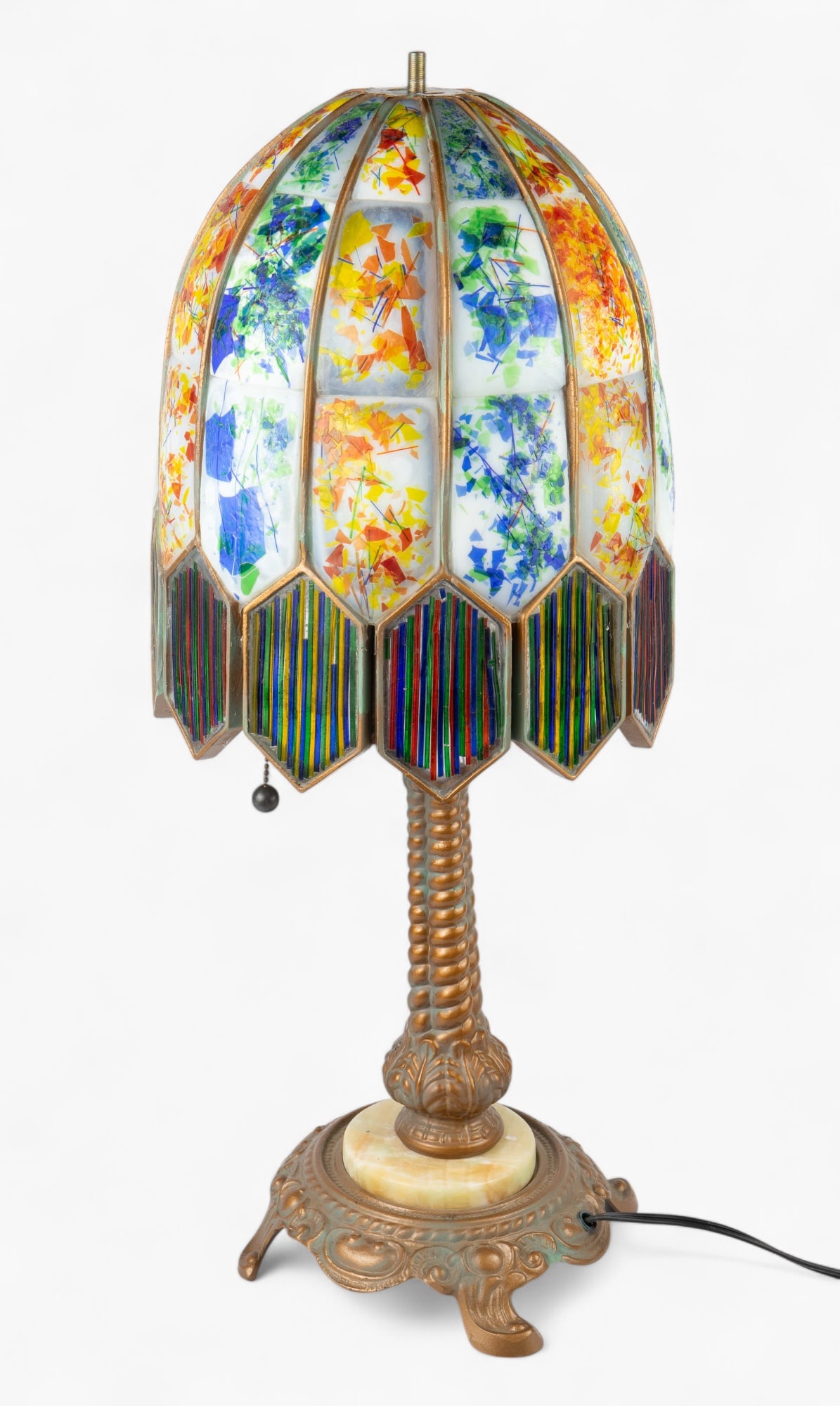 Vintage Confetti Glass Panel Lamp.: This vintage lamp features a cast metal post with a marble disk detail. The heavy shade features milk glass panels with multicolored "confetti" details, and a bottom trim of multicolored vertical desi