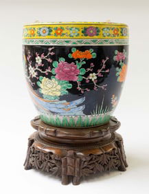 Chinese Jardiniere w/ Ornately Carved Stand.