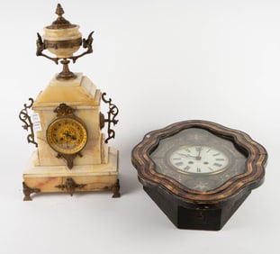 2 Antique Clocks - Onyx & Mother of Pearl Inlay.