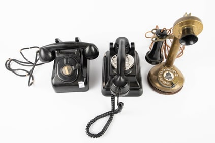 3 Vintage Rotary Phones - Brass Candlestick & More