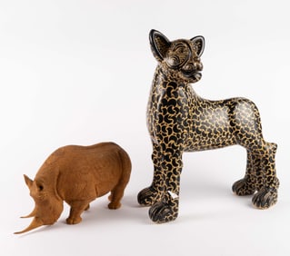 2 Animal Sculptures: Ceramic Cheetah & Wood Rhino.