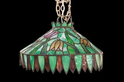 Older Leaded Stained Glass Tulip Pendant Light.