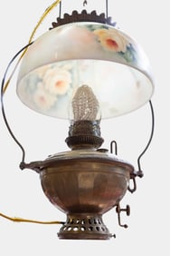 Antique Brass Hanging Oil Lamp, Electrified.