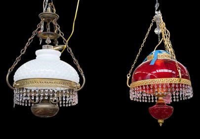 2 Victorian Style Hanging Lamps - Hobnail, Crystal