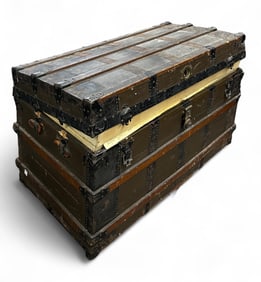 Antique Wood Slat Trunk with Assorted Items.