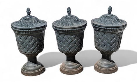 Set of 3 Cast Iron Garden Urns.