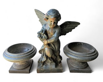 Lot: Cast Iron Garden Pieces: Cherub & 2 Planters.