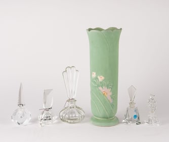 Weller Pottery Vase & 5 Crystal Perfume Bottles.
