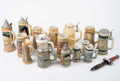 Lot of 16 Beer Steins & Commemorative Knife.