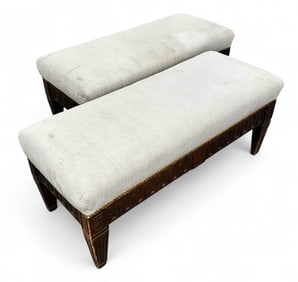 2 Carved Mahogany Upholstered Benches.