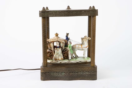 Vintage Brass & Porcelain Horse Carriage Lamp.