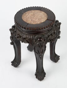 Chinese Carved Wood & Marble Stool Tiny Pedestal.