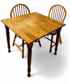 Light Wood Kitchen Table and Two Windsor Chairs.