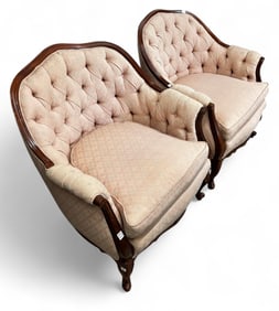 2 Carved Wood Tufted Barrel Chairs w/ Ball & Claw.