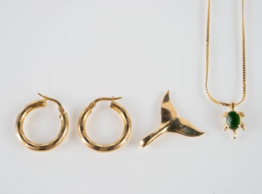 14K Gold Earrings & Pendant & 10K Necklace.