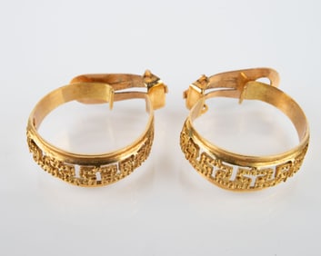 Pair of 18K Gold Greek Key Hoop Earrings.