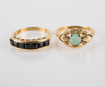 Lot of Two 14K Gold Rings - Opal & Black Stone.