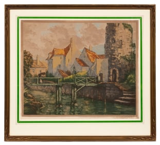 Framed Village Canal Etching, Pierre Chatillon.