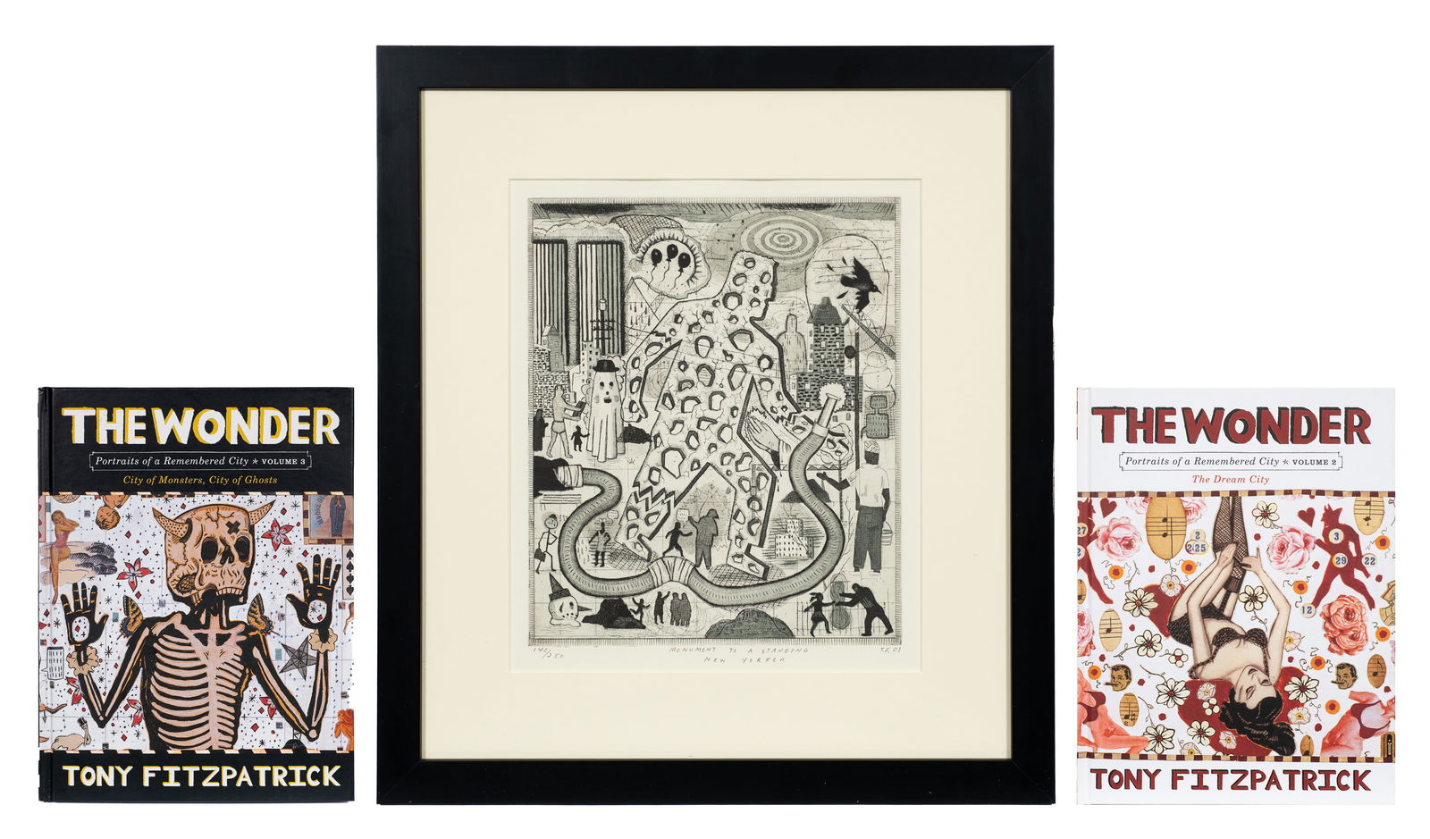 "...Standing New Yorker", Tony Fitzpatrick Etching: Artist(s): Tony Fitzpatrick (American, b. 1958), "Monument to a Standing New Yorker", 2001. Medium: Etching with aquatint. Signature(s): Pencil signed, titled, and numbered (140/250) in its lower marg