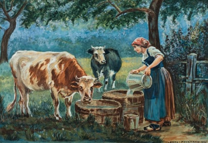 Watering The Cows, Watercolor by Emma Markmann.