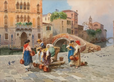 Women at the Well, Watercolor by Leonardo Morello.