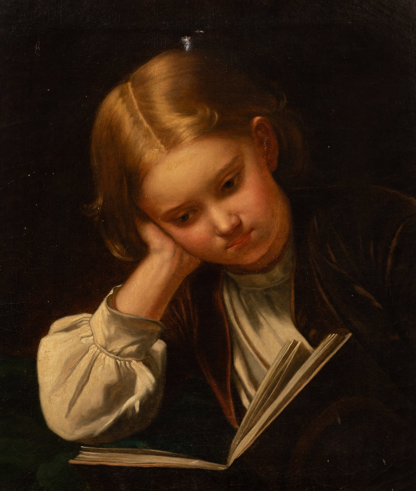 Antique Portrait of a Girl, Louis Urlass.: Artist(s): Louis Urlass (German, 1809-?). Medium: Oil on canvas. Signature(s): "L. Urlass", signed en verso. Paperwork: N/A. Damage: Craquelure throughout, tear to the top of her hair, and visible fri