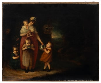 Antique Painting, Mother and Children, Genre Scene