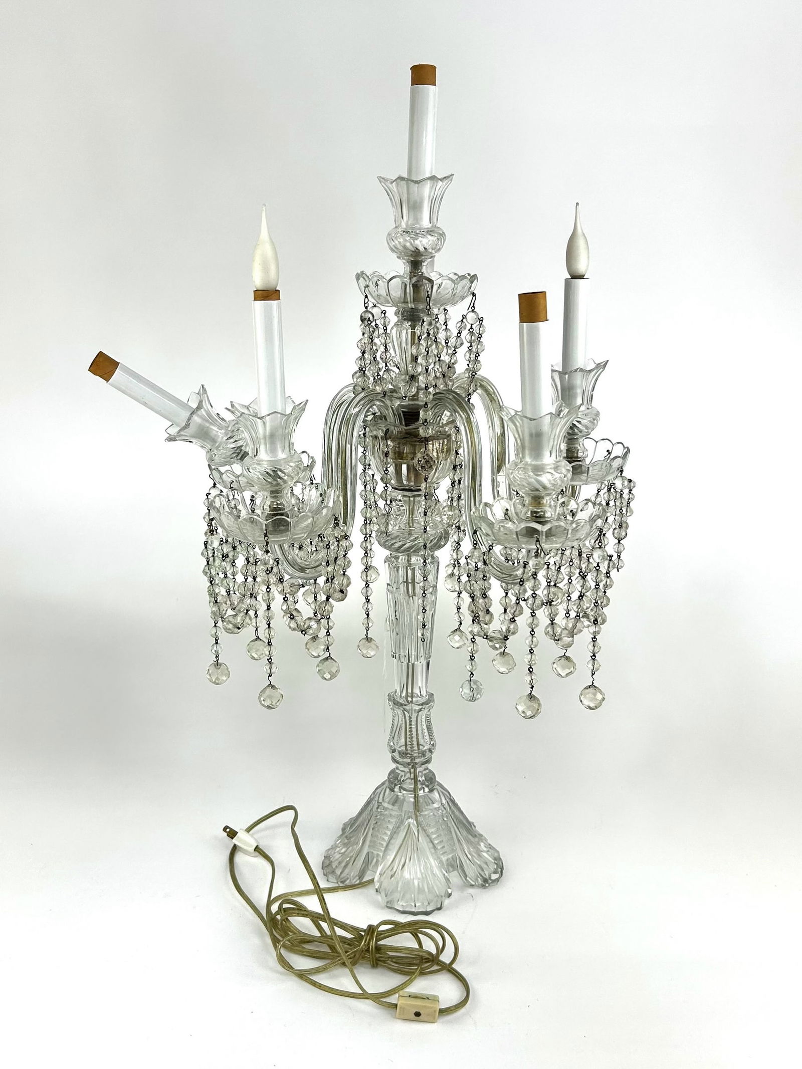 5-Arm Electrified Glass Candelabrum w/ Prisms. (1 of 8)