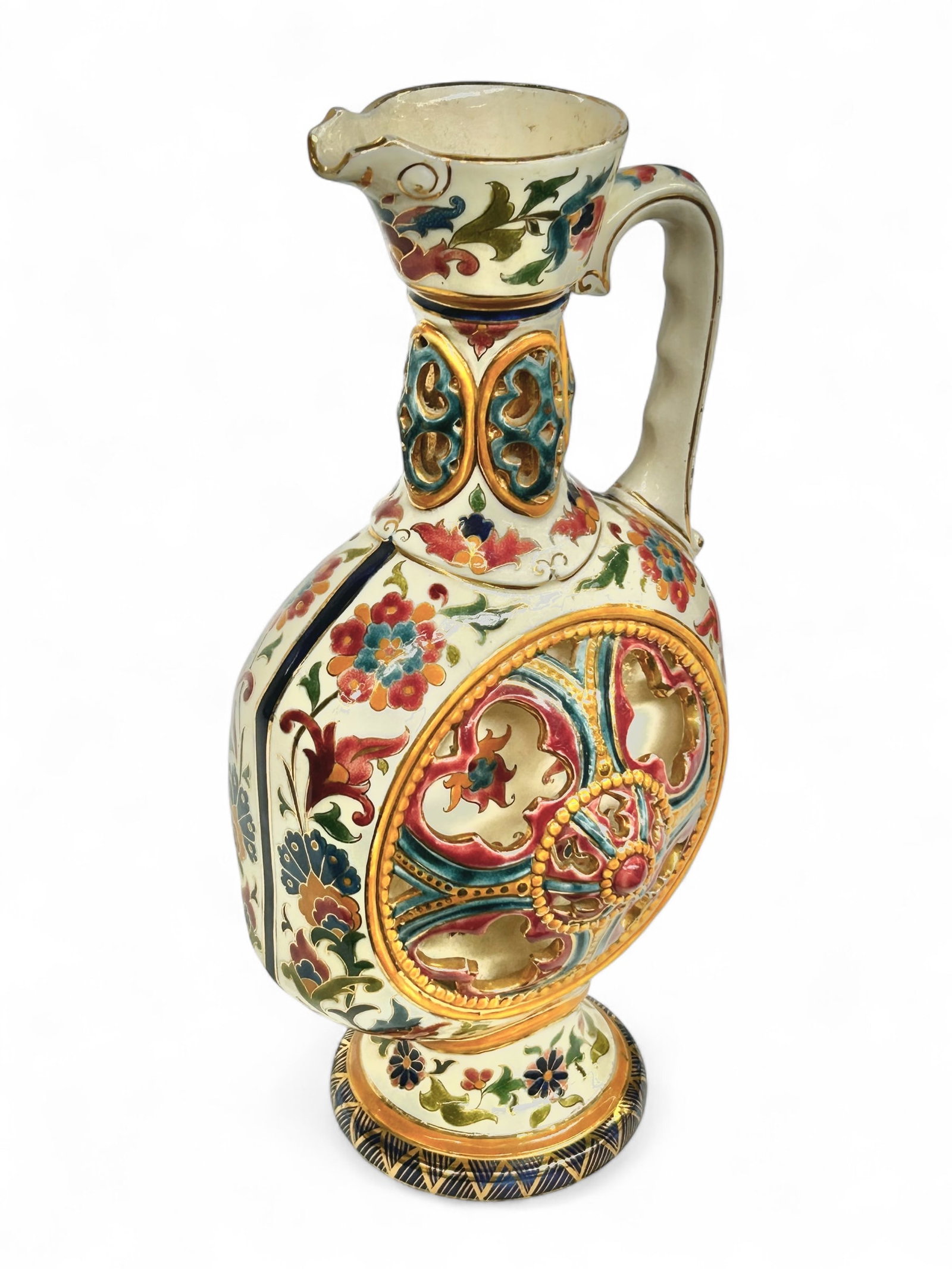 14" Reticulated Ewer, Probably Fischer Budapest.: There are some faint blue marks on the bottom, but no apparent signature. There are some stamped numbers; they are "222" and "7". Overall, the pitcher looks to be in good condition, with some small ni