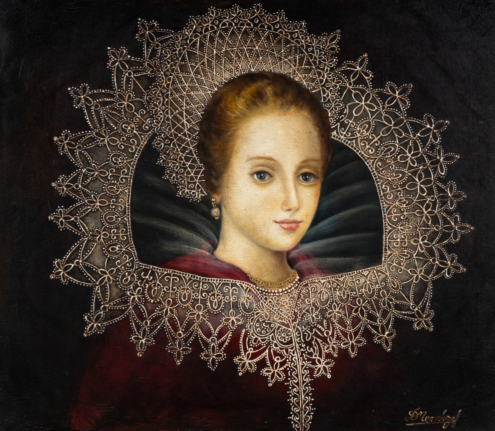 Portrait of a Lady by Diana Mendoza.: Artist(s): Diana Mendoza (Peru, 20th Century). Medium: Oil on canvas. Signature(s): Lower right. Paperwork: N/A Damage: Signs of craquelure to the work, and flecks of discoloration to her face. Very m