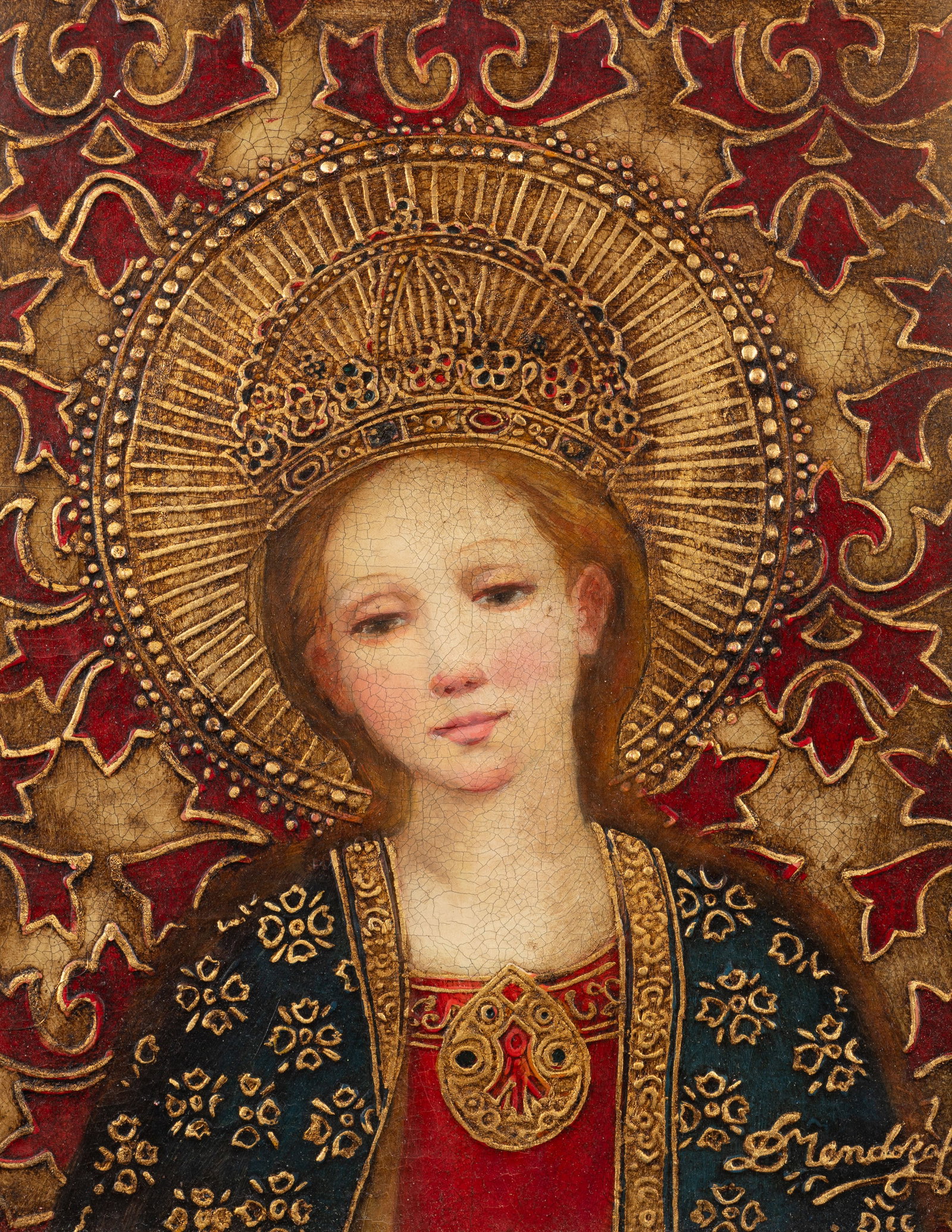 Virgen Reina, Mary Portrait by Diana Mendoza.: Artist(s): Diana Mendoza (Peru, 20th Century). Medium: Oil on canvas. Signature(s): Lower right. Paperwork: Attached en verso is a label from Raul Mercier Fine Arts. Damage: Signs of craquelure to the
