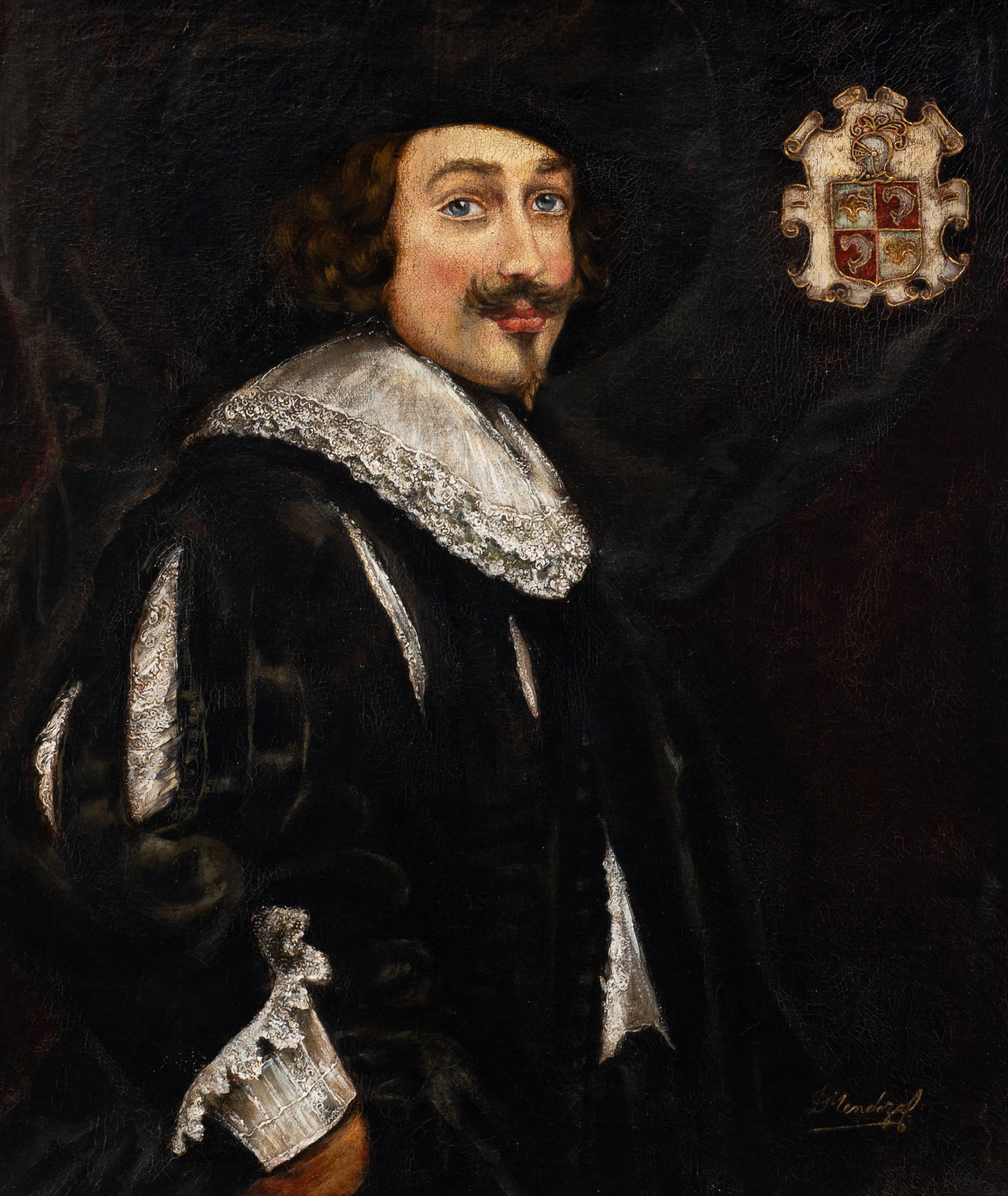 Man in a Wide-Brimmed Hat, Mendoza's Copy, Cossier: Artist(s): Diana Mendoza (Peru, 20th Century), copy after Jan Cossiers's "Portrait of a Man in a Wide-Brimmed Hat". Medium: Oil on canvas. Signature(s): Lower right. Paperwork: N/A Damage: Signs of cr