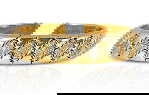 Heavy Ornate 14K Gold & Diamond Bangle Bracelet.: The bracelet is marked 585 / 14K. It features 9 sections with small round cut diamonds. It measures 6 1/2" around in circumference on the inside. It is just flexible enough to lightly stretch the gap