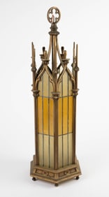 Gothic Revival Bronze and Glass Light Fixture.