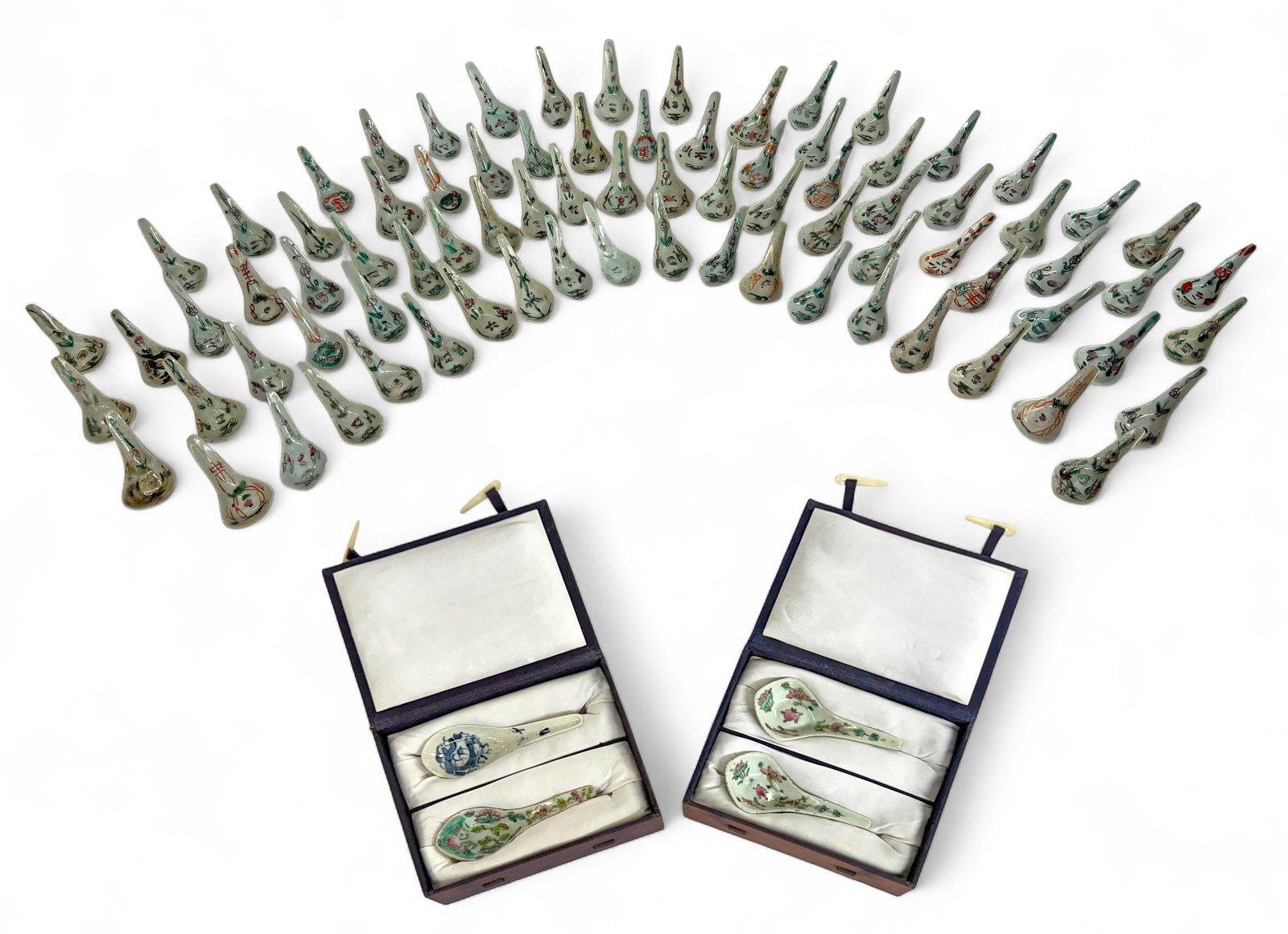 85 Late 19th Century Chinese Porcelain Spoons.: Some pieces have chips, and wear to use. Some pieces are signed. Four of them come with their own cushioned cases. The largest spoon measures 5 1/4" long. In-house shipping is available. Please see ou