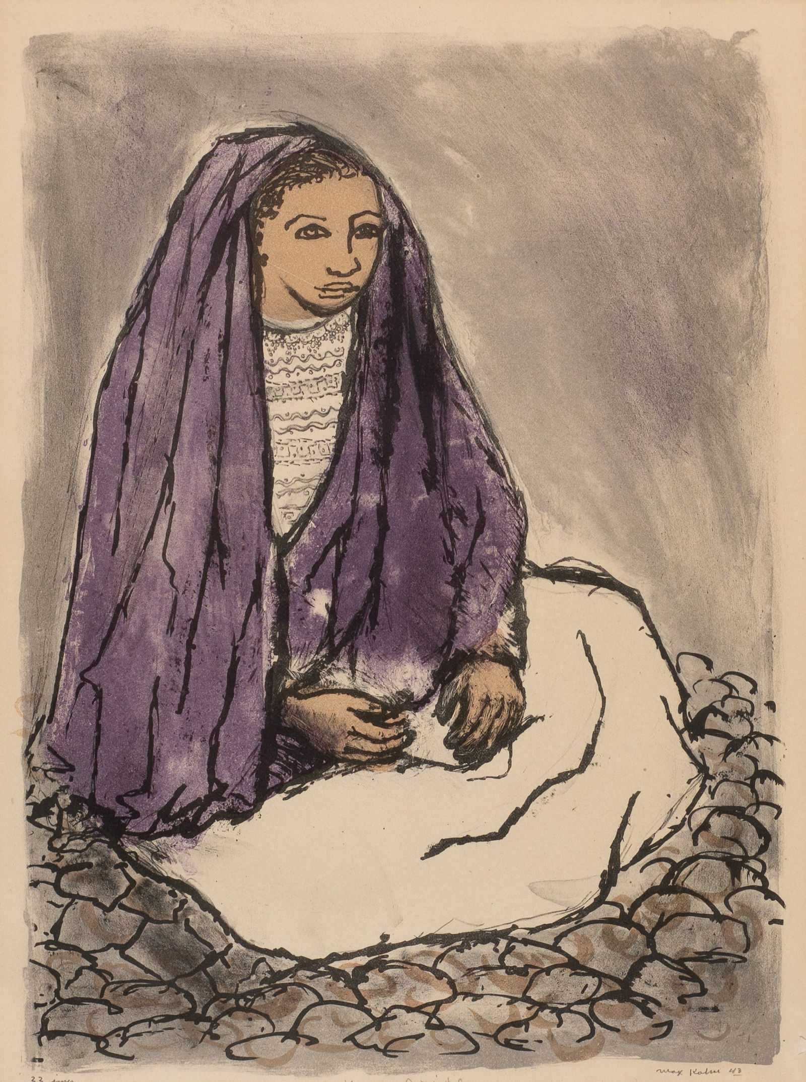 Young Bride, Lithograph by Max Kahn.: Artist(s): Max Kahn (Russian-American, 1902-2005). Medium: Lithograph in colors. Signature(s): Pencil signed, titled, and numbered (22 imp.) in its lower margin. Paperwork: Attached en verso is a labe