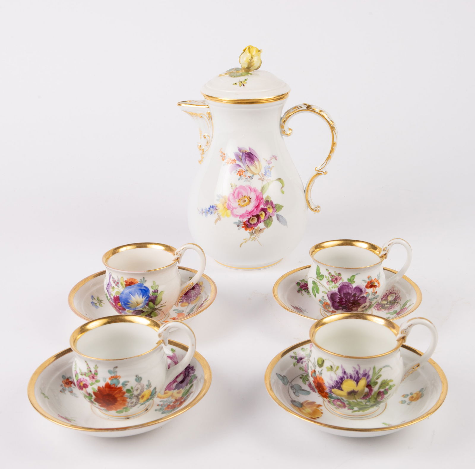 Meissen Flower Bouquet Coffee Pot, Cups & Saucers. (1 of 10)