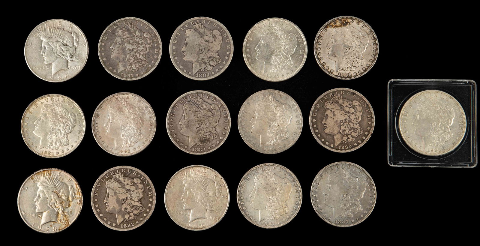 Lot of 13 Morgan Silver Dollars & 3 Peace Dollars. (1 of 4)