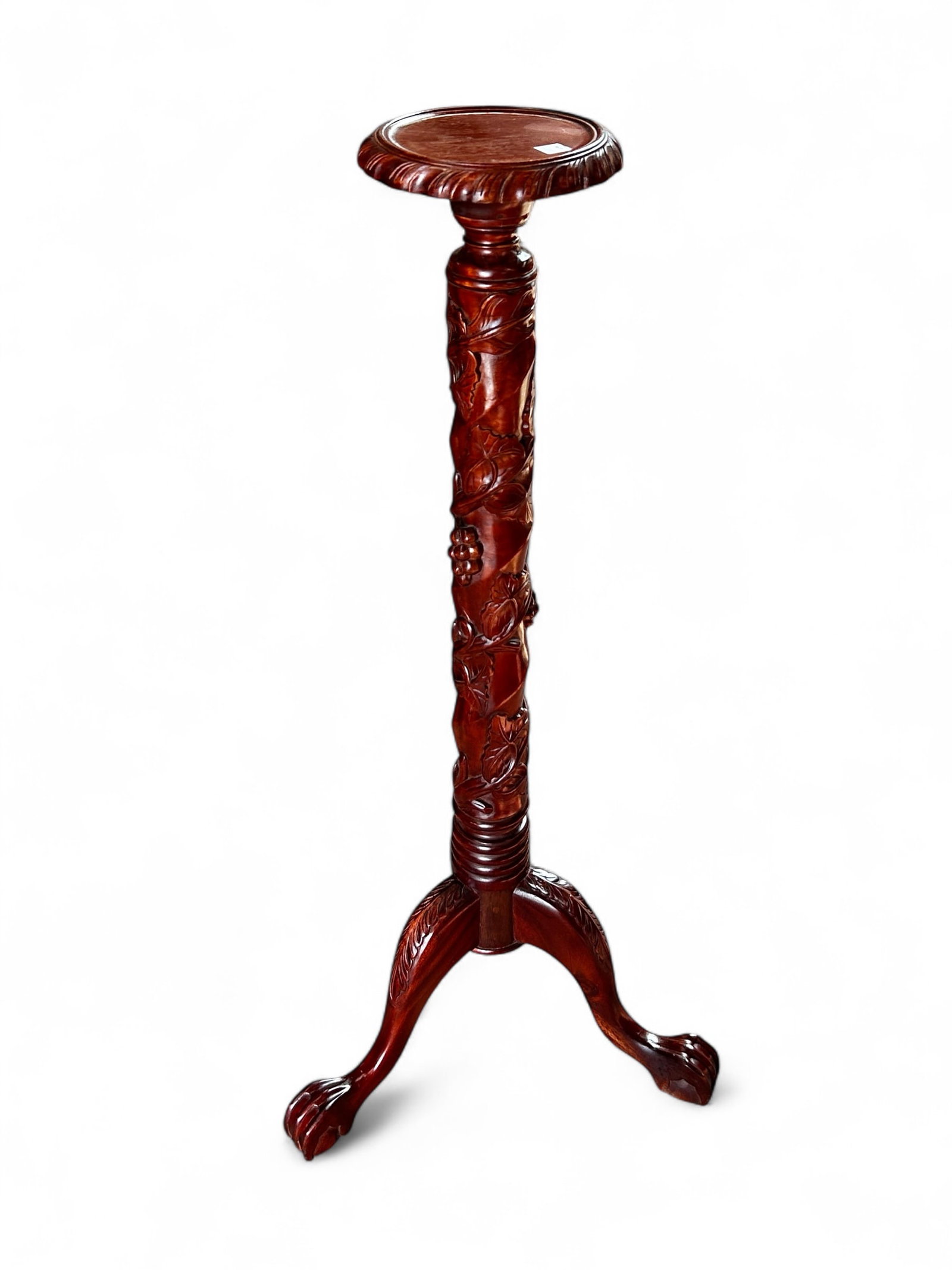 Carved Mahogany Fern Stand.: This tall stand has a grape and flower motif. It measures 45" tall, with a 9 1/2" diameter. Third-party freight shipping or personal pickup is required. Please see our website for our shipping recomme