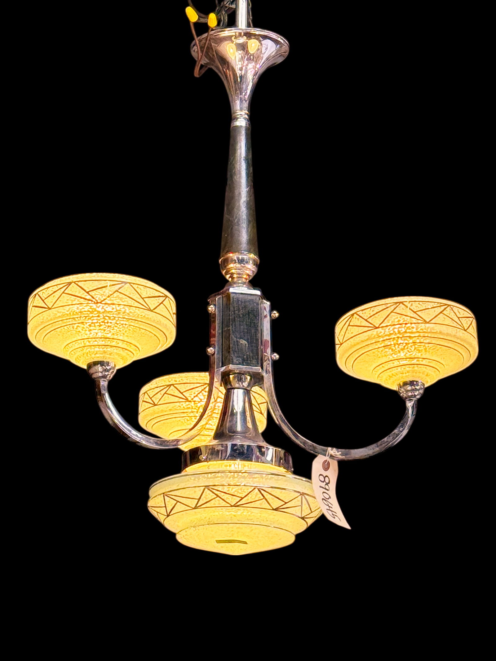 Art Deco Green Glass Chandelier w/ Chrome Details. (1 of 2)