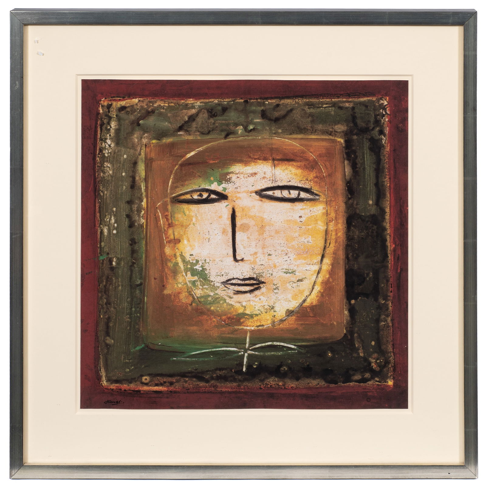 Framed Print of Abstract Face, Jamali.: Artist(s): Jamali (Pakistani, b. 1944) Medium: Lithograph on paper. Signature(s): Lower left. Paperwork: Attached en verso is a certificate of authenticity from Art and Peace, Inc., FL. Damage: A few