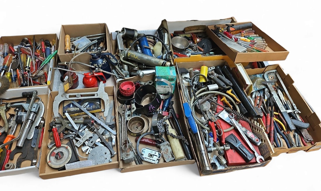 Lot: Various Hand Tools - Stanley, Craftsman, Etc: The lot includes 10 boxes of assorted hand tools. There are screwdrivers, pliers, a freeze gun, oil can, filter wrench, feeler gauges, nut drivers, a hacksaw, tire tools, and more. Some of the brands