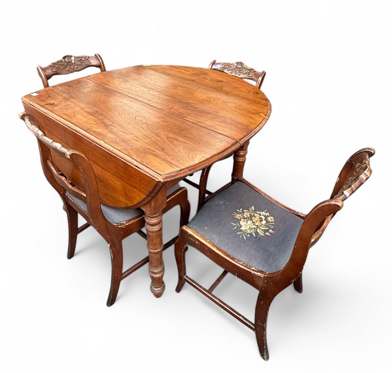 Dropleaf Table & 4 Carved Needlepoint Chairs. (1 of 2)