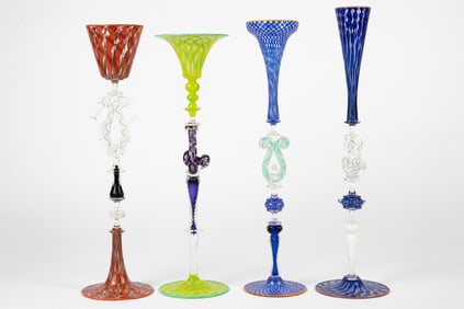 4 Chuck Savoie Art Glass Goblets.