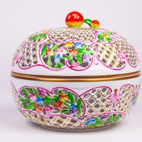 Herend Hungary Reticulated Candy Jar w/ Strawberry